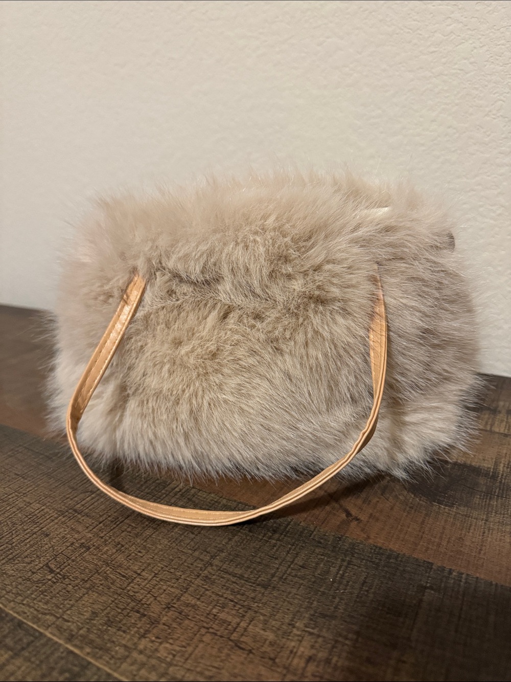 Plush Faux Fur Shoulder Bag in Beige with Tan Straps